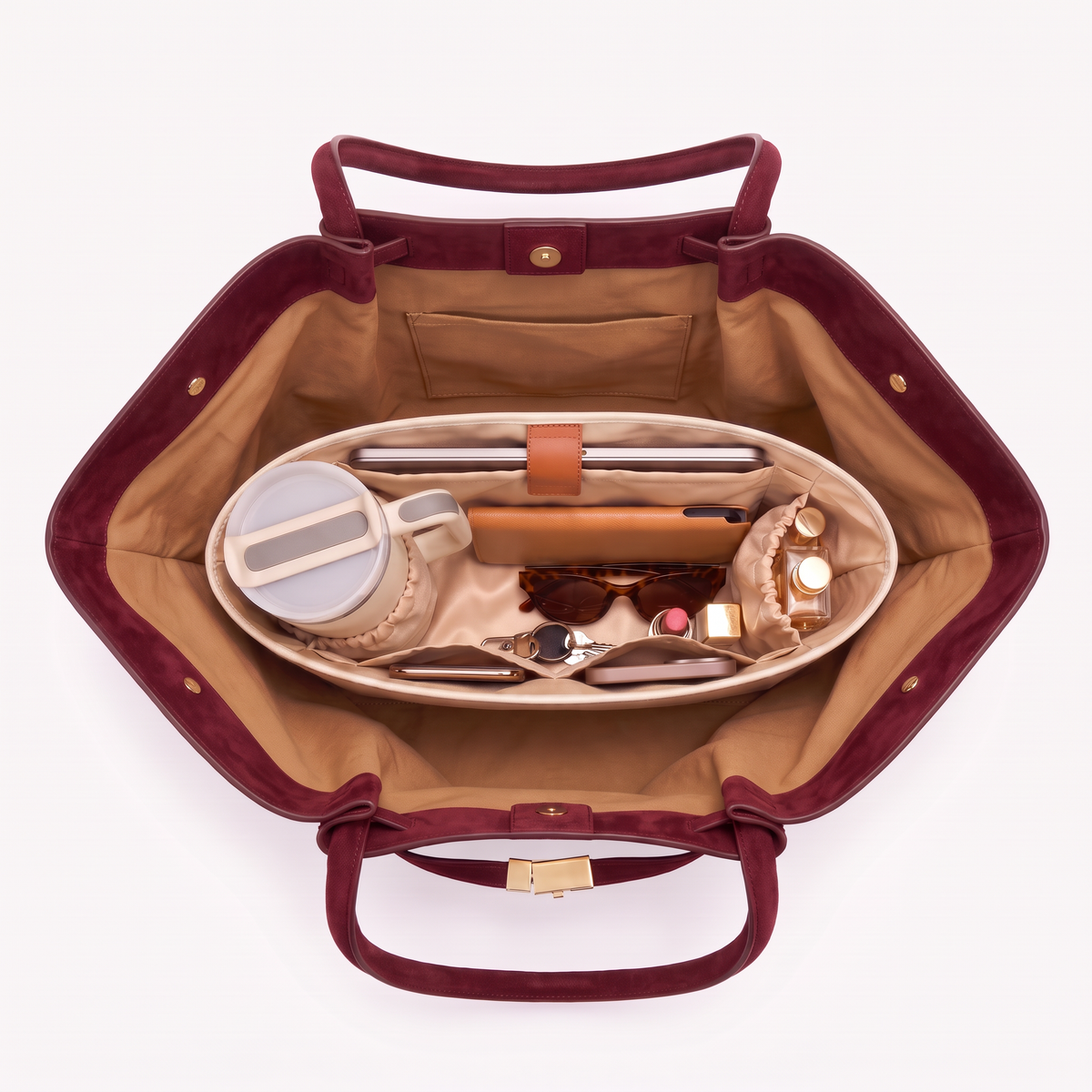 Burgundy Large Tote from above with the Bag Organizer inside