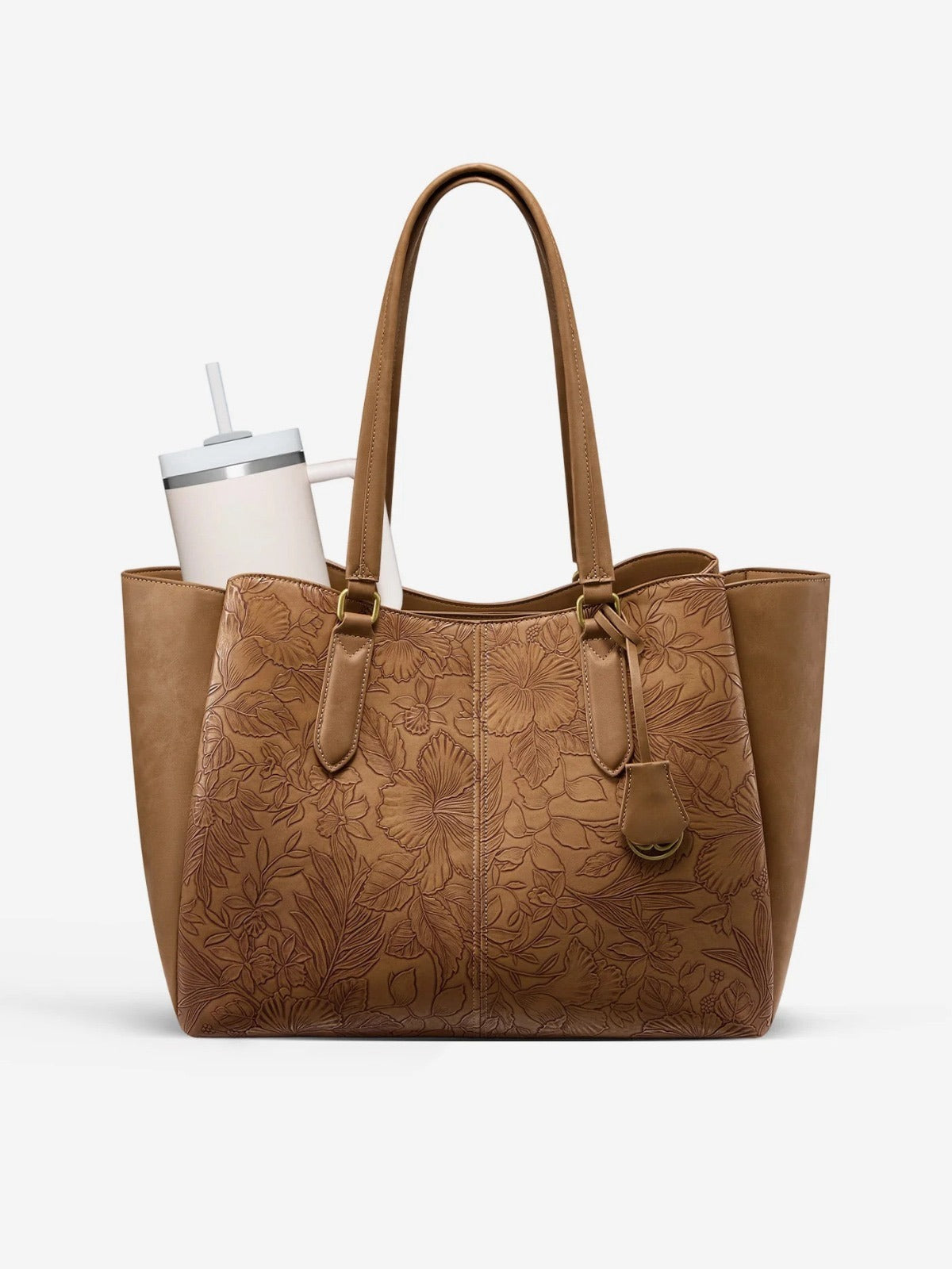 Newstella Tote Bag Structure in Tan Floral, floral embossed vegan leather