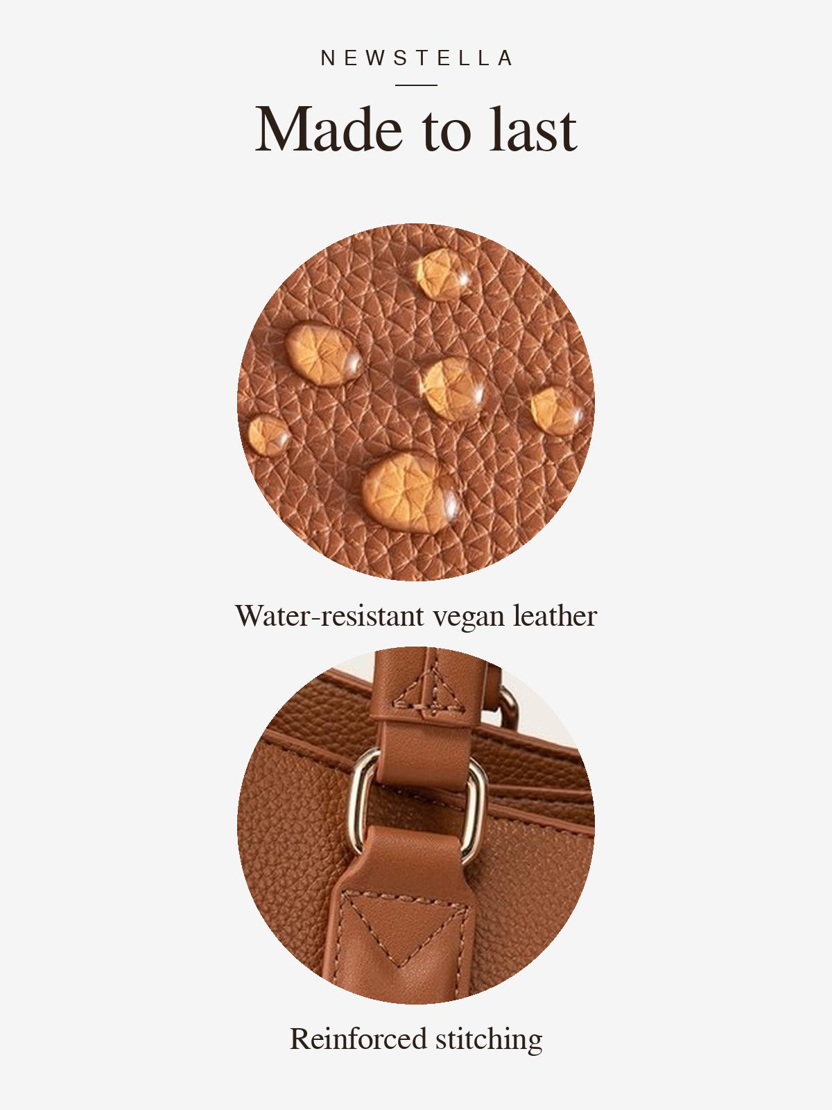 Close-ups of the water-resistant vegan leather and reinforced stitching