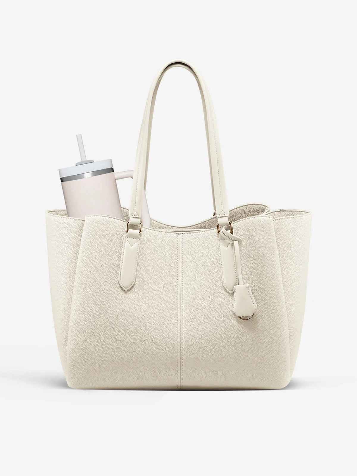 Newstella Tote Bag Structure in Cream with a tumbler in the bottle pocket