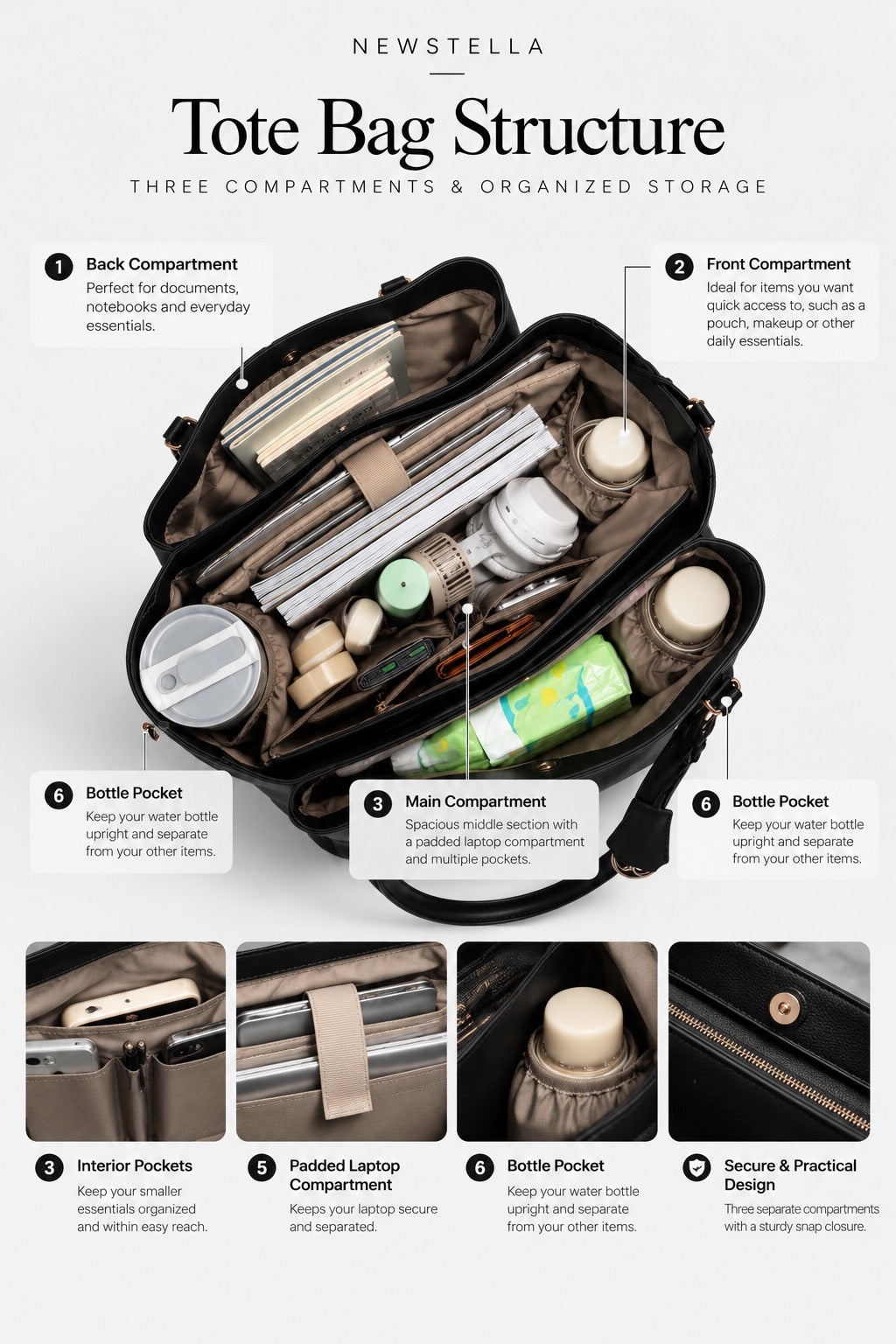 Inside the Tote Bag Structure: back, front and main compartment, padded laptop sleeve, bottle pockets and interior pockets