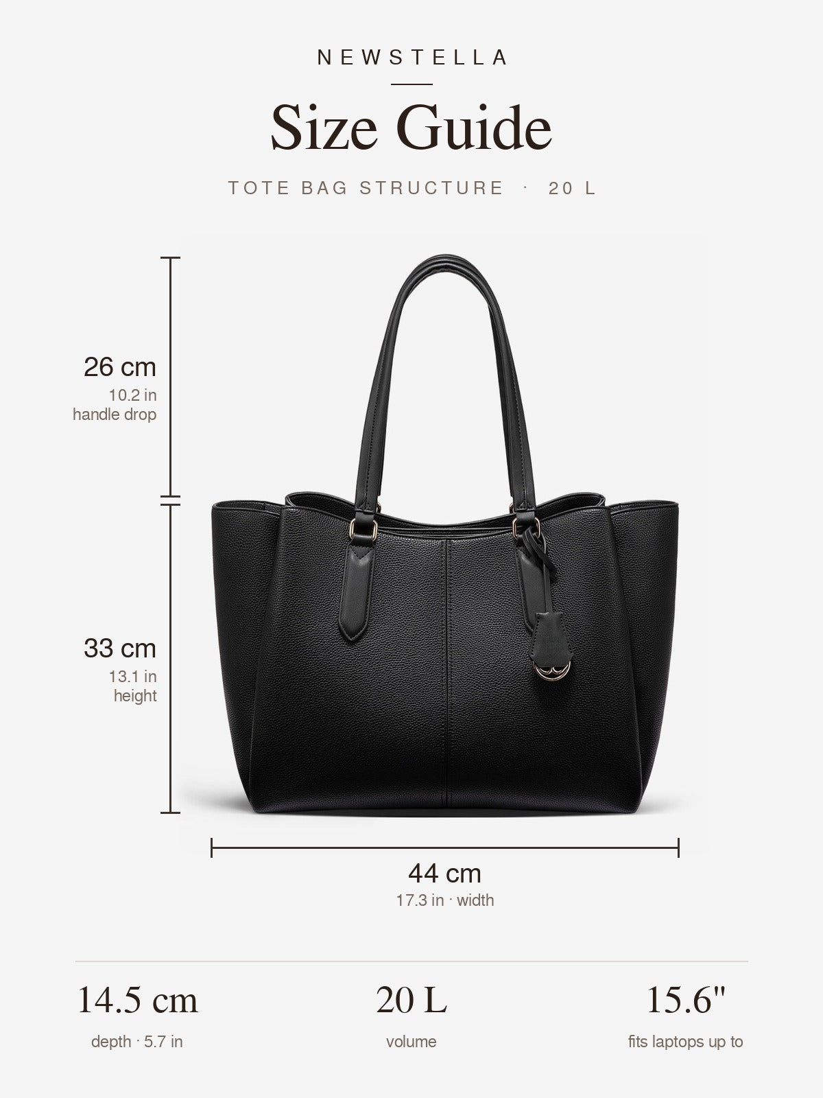 Size guide: 44 cm wide, 33 cm high, 14.5 cm deep, 26 cm handle drop, 20 L, fits laptops up to 15.6 inches