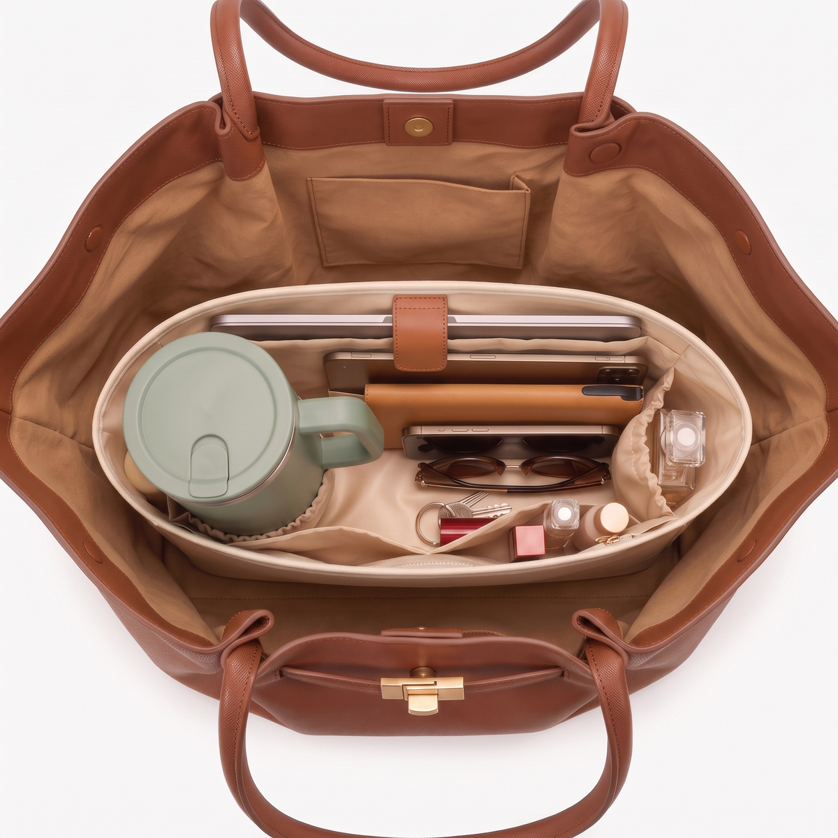 Cognac Large Tote from above with the Bag Organizer inside