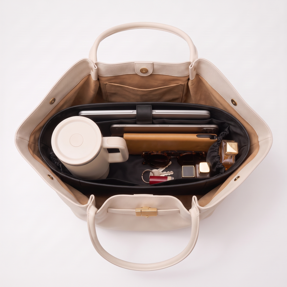 Cream Large Tote from above with the Noir Bag Organizer inside