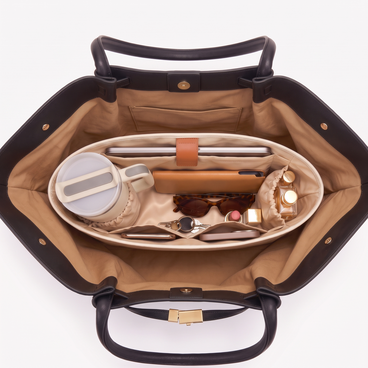 Noir Large Tote from above with the Bag Organizer inside